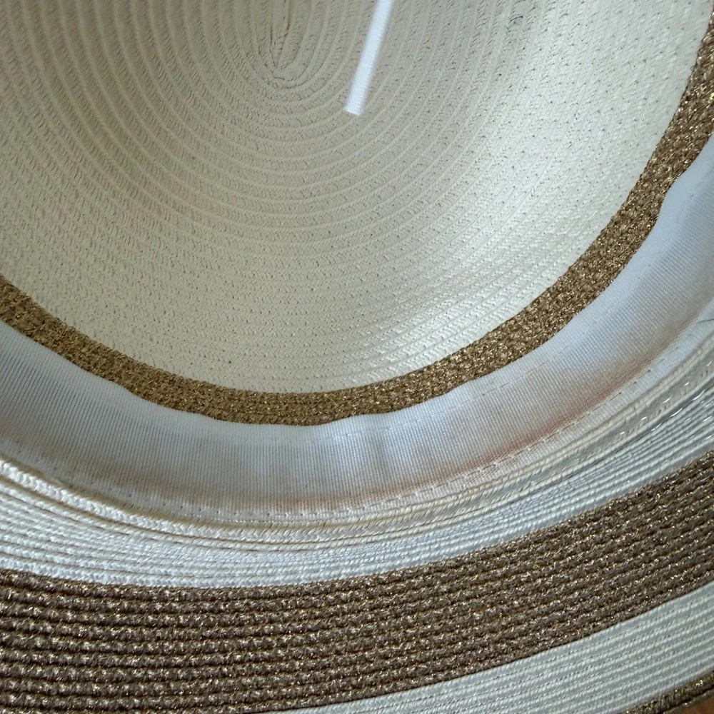 Scala OS White Gold Sun Hat Wide Brim Striped Metallic Chain Detail Beach Summer